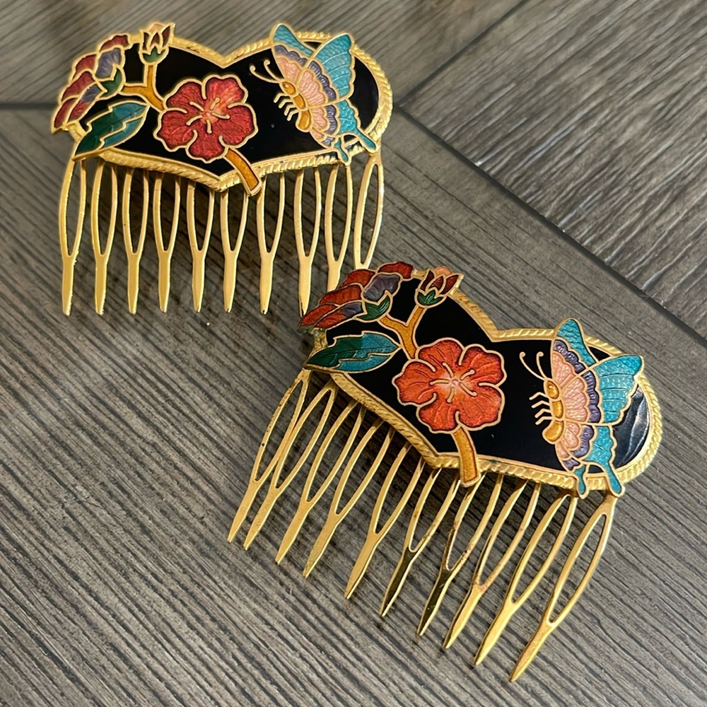Vintage Cloisonné Butterfly Heart & Flower Hair Combs